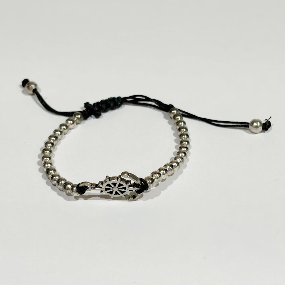 Nautical Anchor & Ship Wheel Bracelet Silver Beads Adjustable Rope Unisex 6-9" - Picture 10 of 12